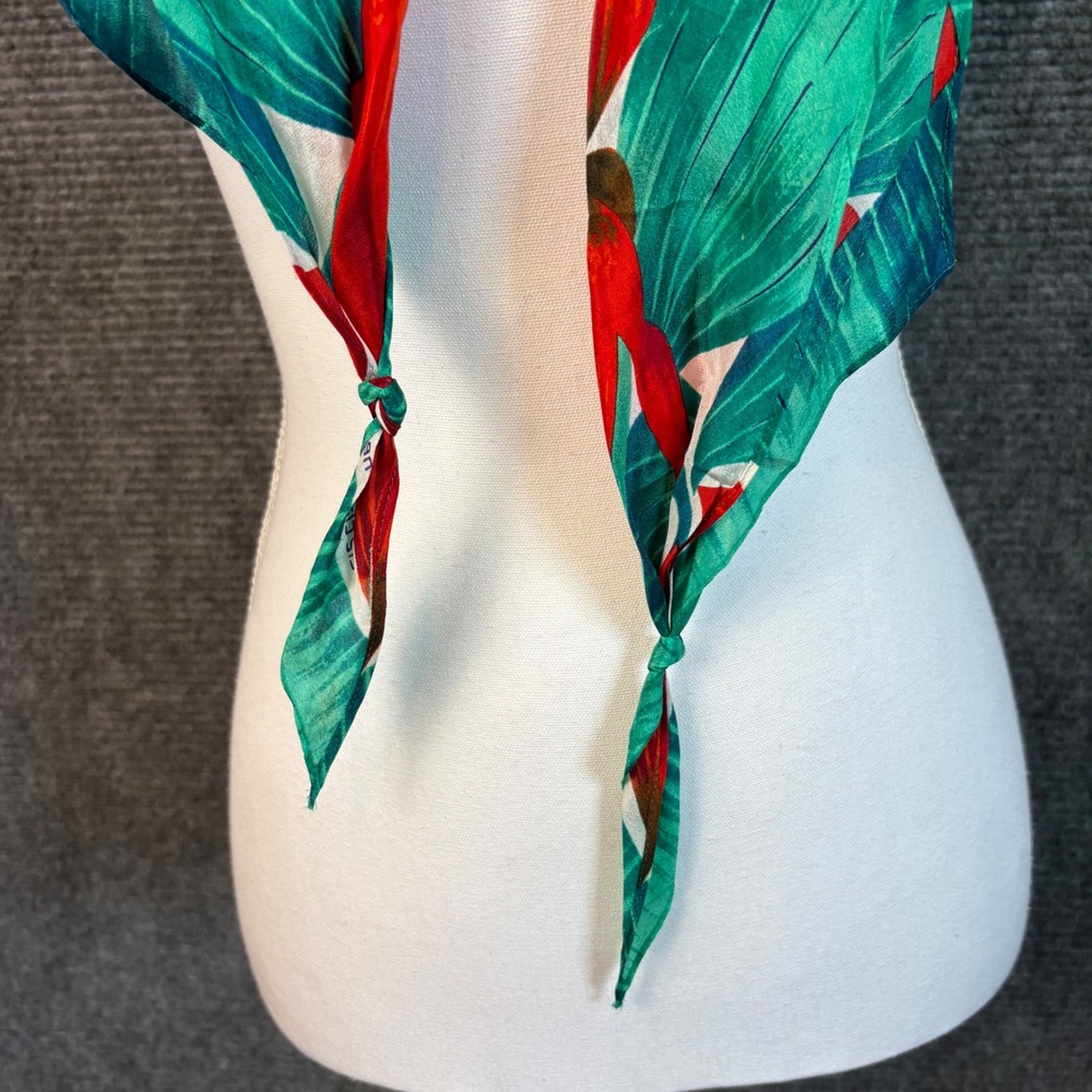 Vintage Liz Claiborne 100% Silk Tropical Floral Scarf Red Green Botanical 1989 - Picture 2 of 5